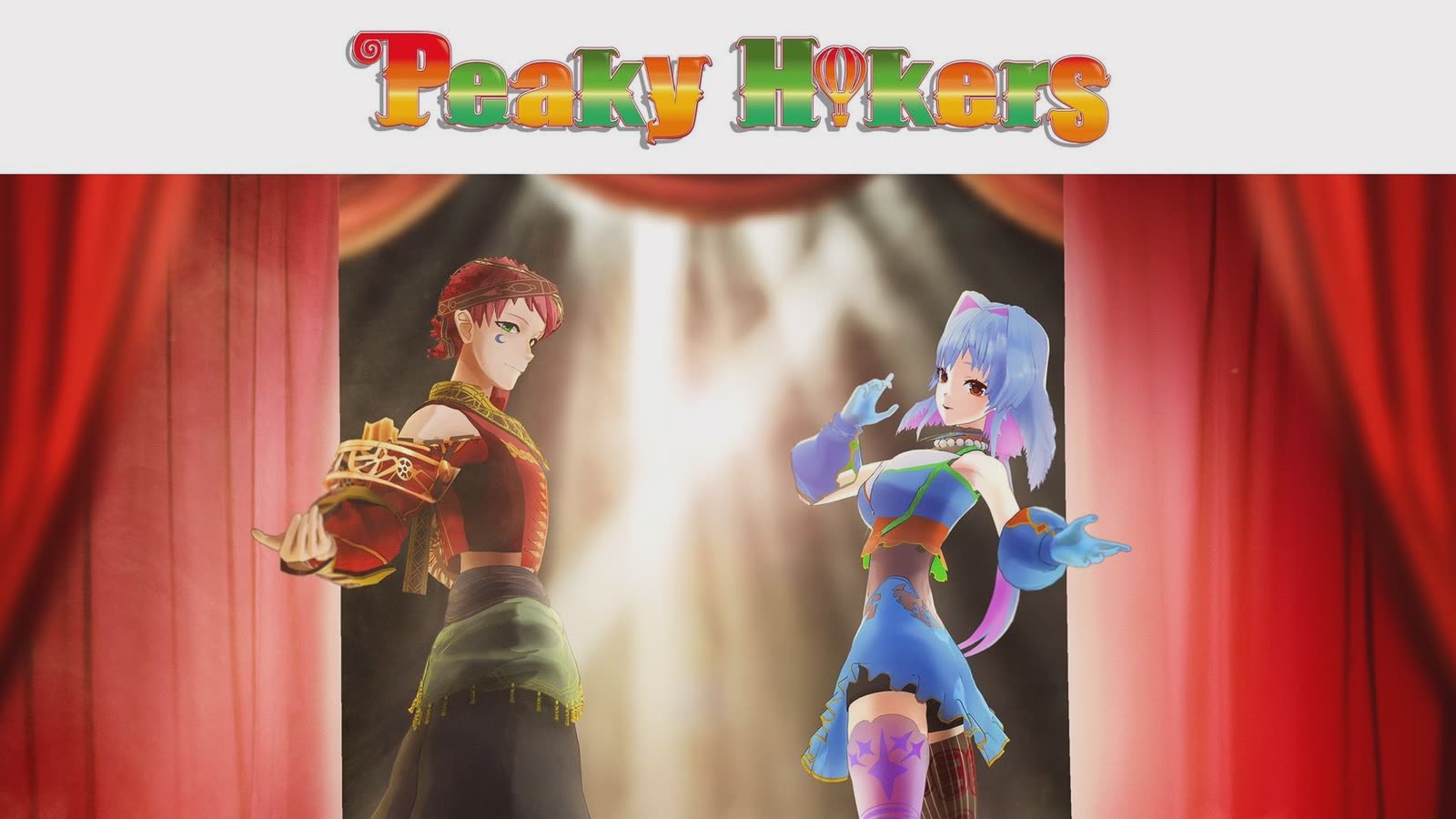 「Peaky Hikers」のロゴと、赤い幕の舞台に立つ赤い髪の男性と青い髪の女性の3Dキャラクター