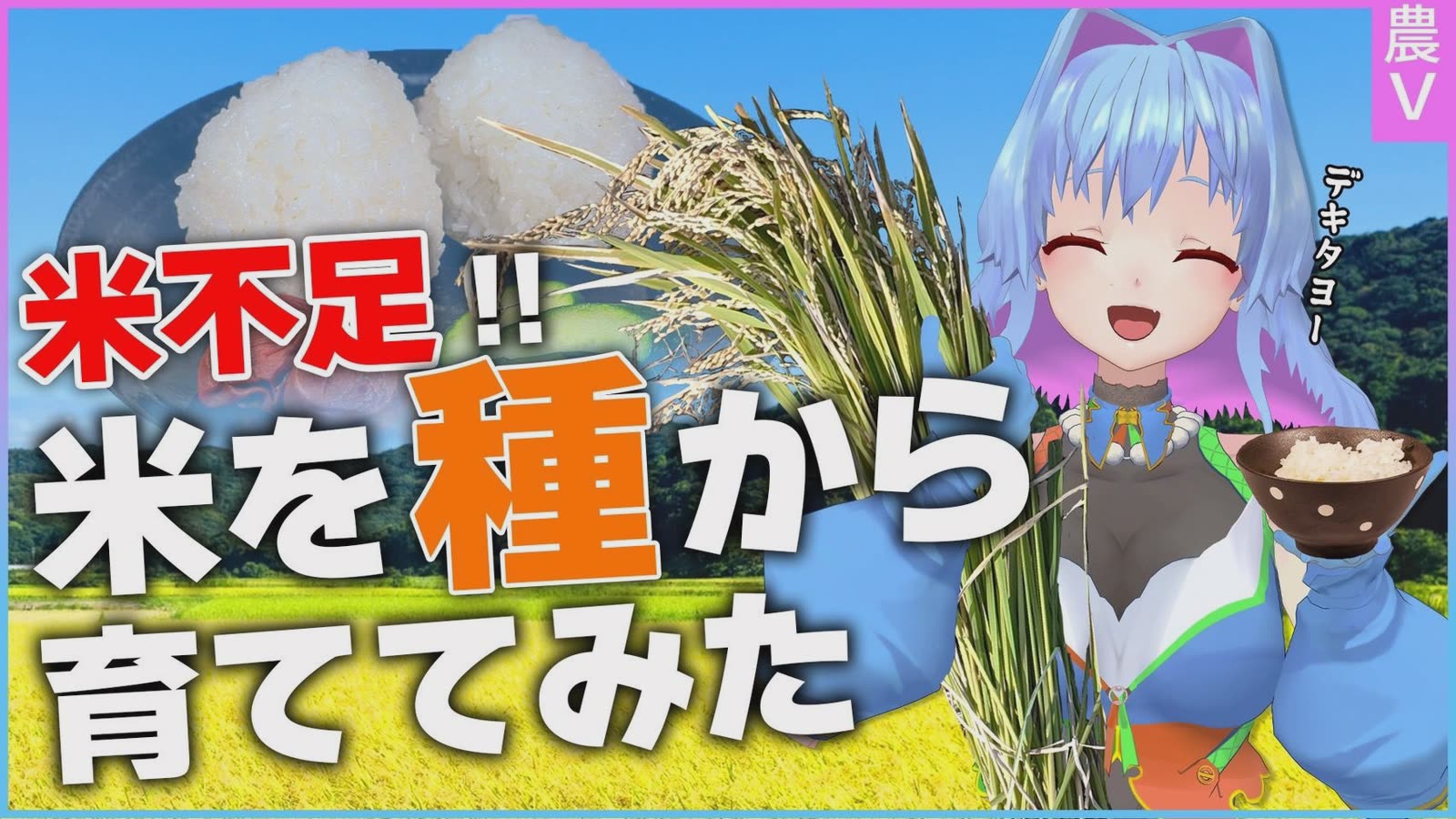 稲穂とご飯茶わんを持って笑う青い髪のキャラクターと「米不足!! 米を種から育ててみた」の文字が入った動画のサムネイル